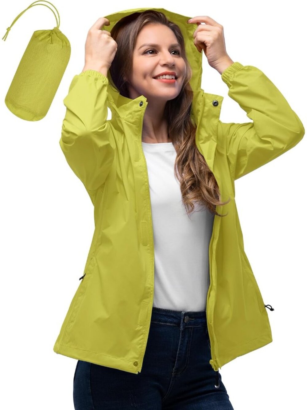 〽️Women's Lemon Green Waterproof Packable Rain Jacket Hooded Travel Windbreaker